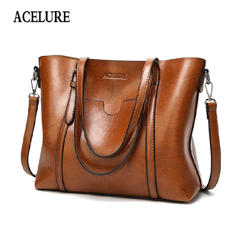 Wallets in luxury brand style-ACELURE Women bag Oil wax Women's Leather Handbags Luxury Lady Hand Bags With Purse Pocket Women messenger bag Big Tote Sac Bols