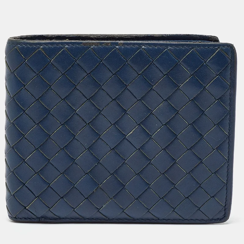 men wallets minimalist leather-Bottega Veneta Blue Intrecciato Leather Bifold Wallet..