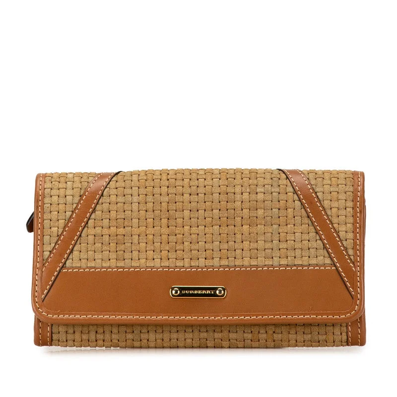 Keychains for stylish tags-Burberry Suede Leather Woven Logo Long Wallet