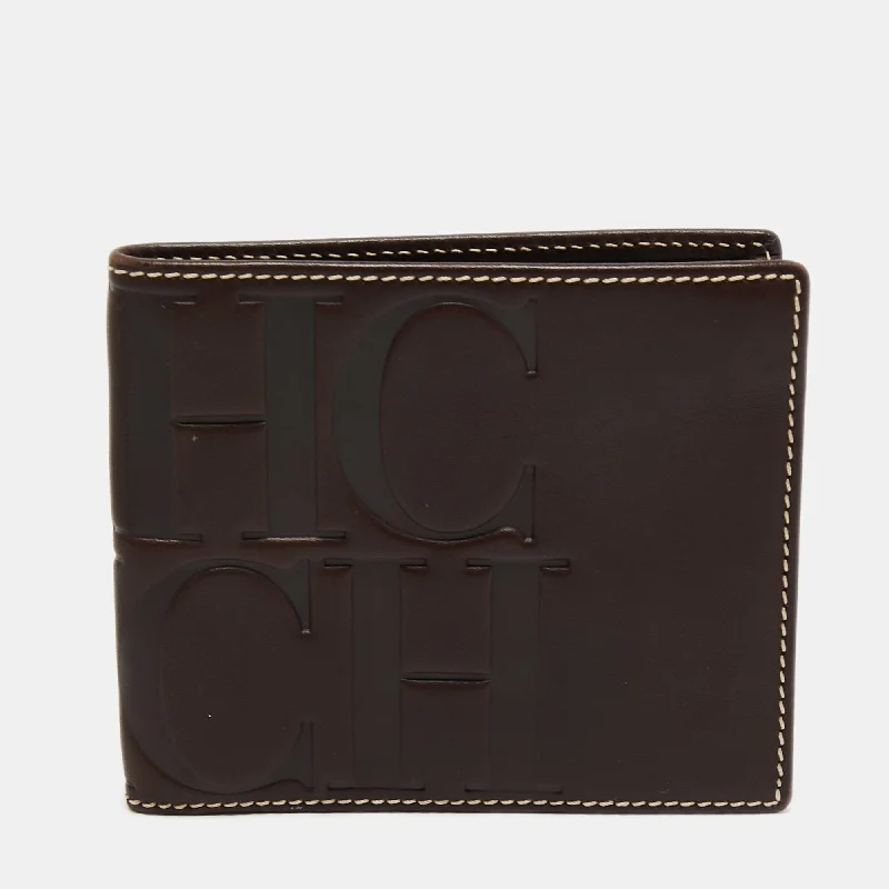 men wallets work-Ch Carolina Herrera Dark Brown Leather Bifold Compact Wallet