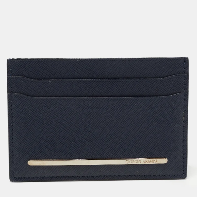 men wallets limited stock-Giorgio Armani Navy Blue Leather Card Holder