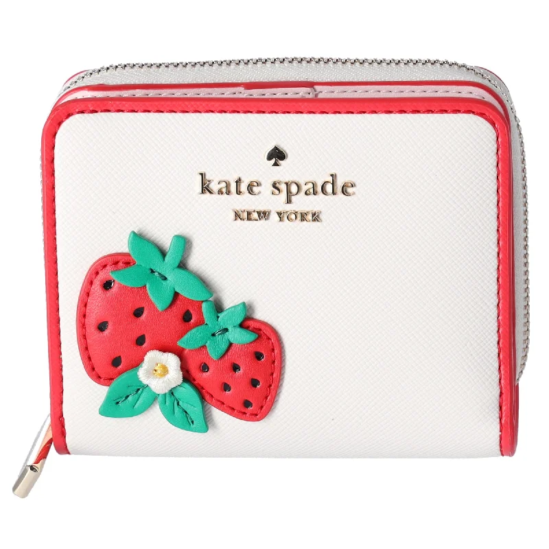 Backpack for tech gear-Kate Spade 3D Strawberry Dreams Small Zip Around Bifold Wallet Cream Multi