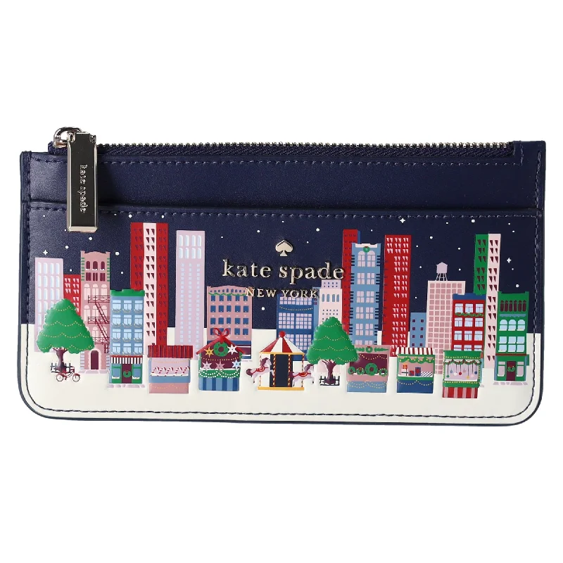 Backpack for daily trips-Kate Spade Winter Wonders Large Slim Card Holder Wallet Leather Holidays Navy