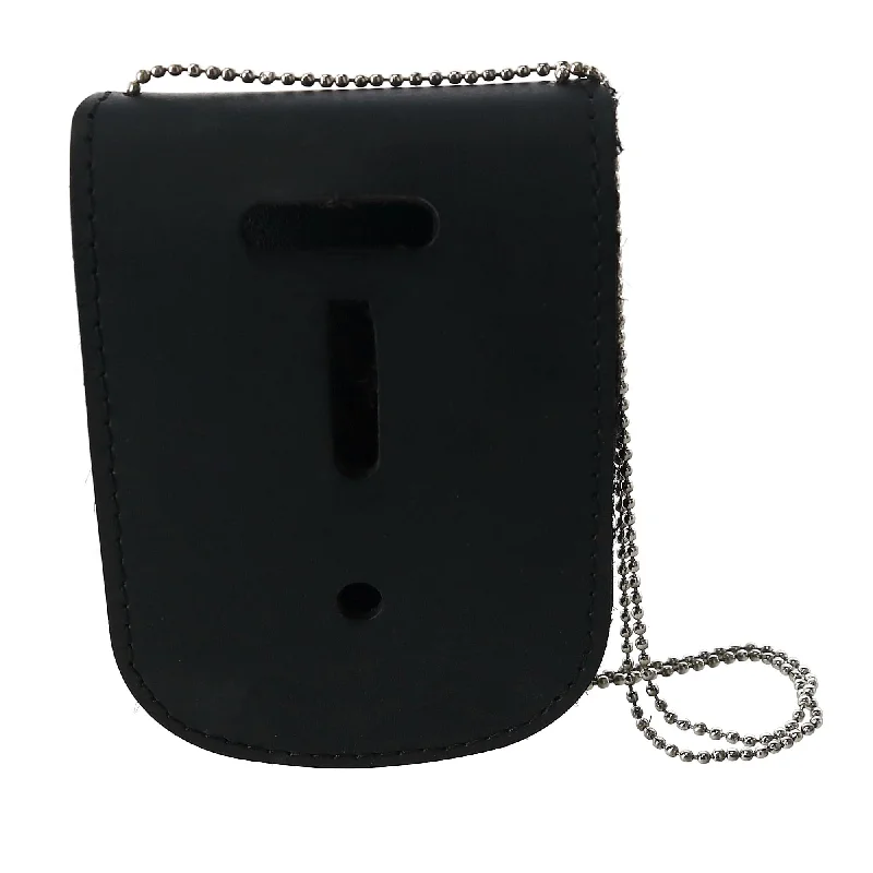 men wallets high end leather style-Leather Curved Rectangle Badge Holder Wallet with Back ID Window and Neck Chain