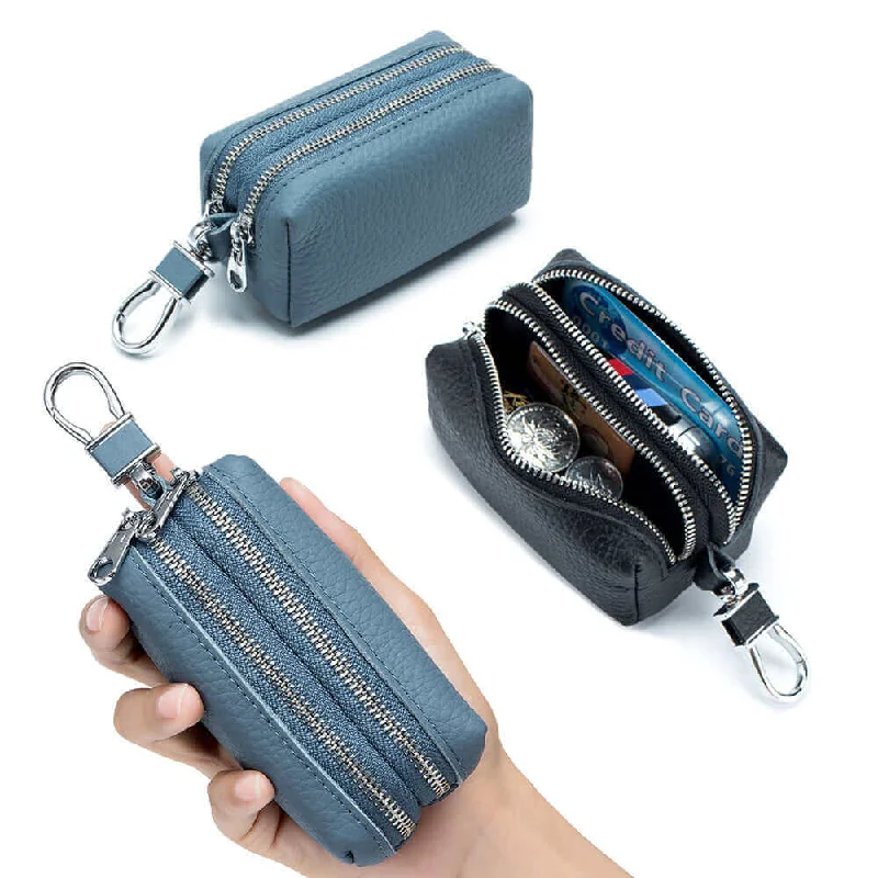 Backpack for daily trips-Multifunctional Leather Double Zipper Coin Wallet and Key Case