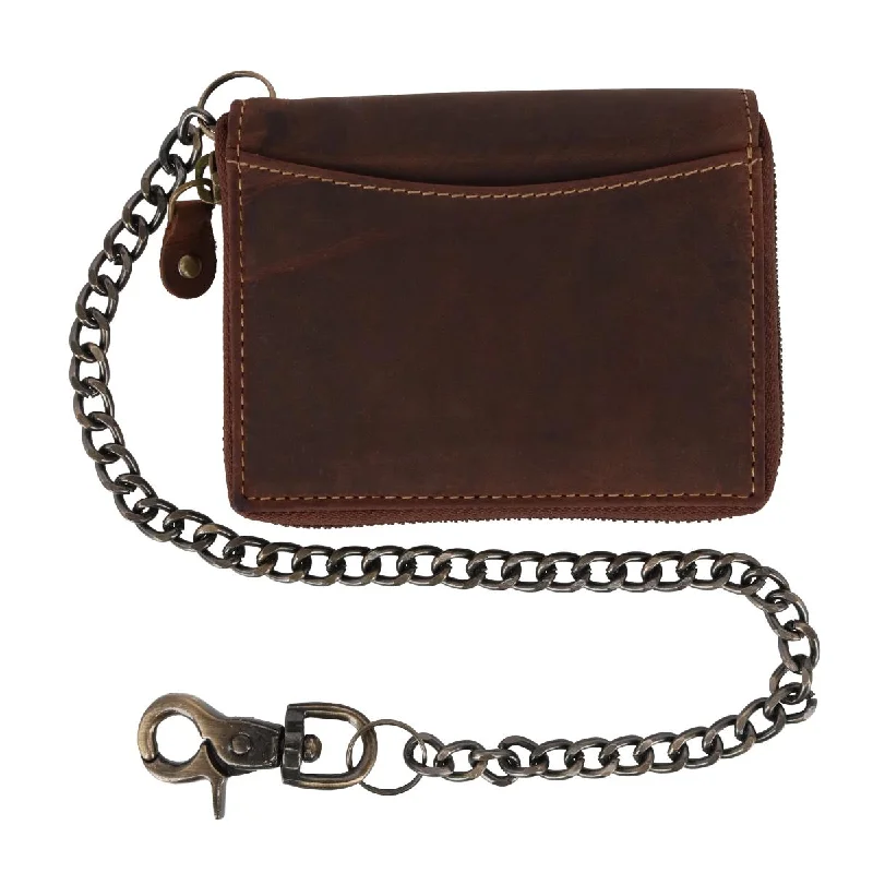 men wallets secure leather quality-Men's Bifold Zip Around Chain Wallet with Interior Zip