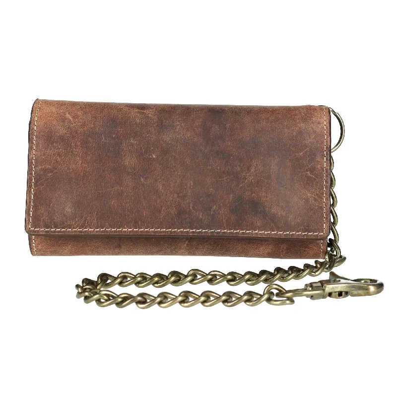 men wallets water leather style-Men's Crazy Horse Leather RFID Long Trifold Chain Wallet