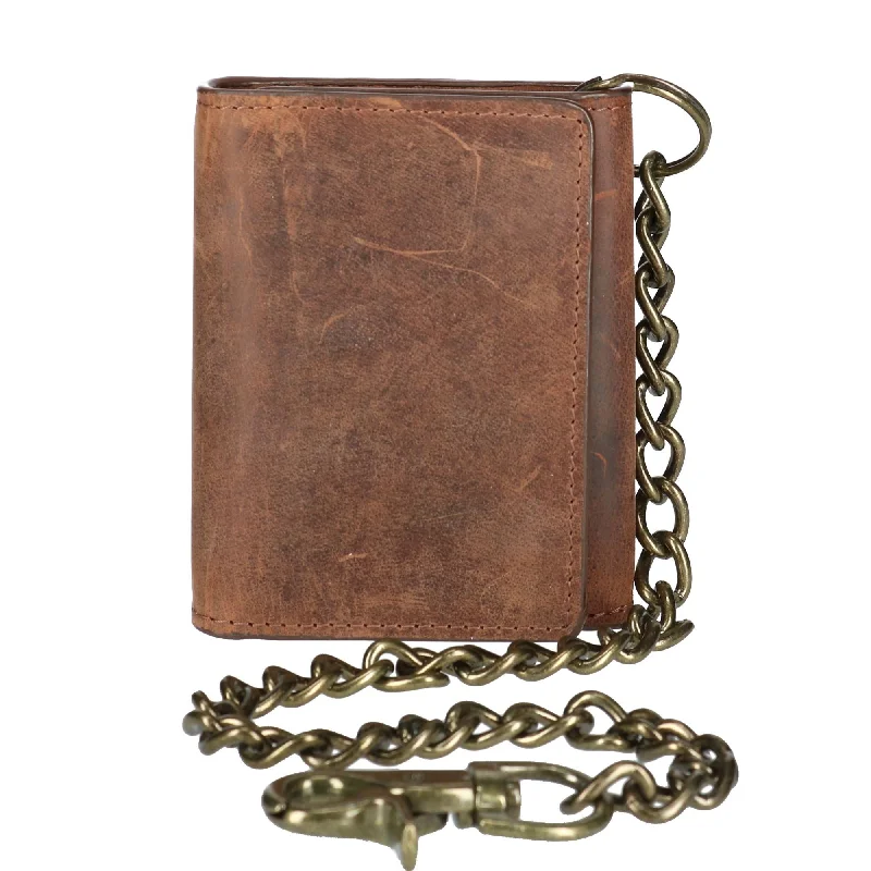 men wallets premium leather style-Men's Crazy Horse Leather RFID Trifold Chain Wallet