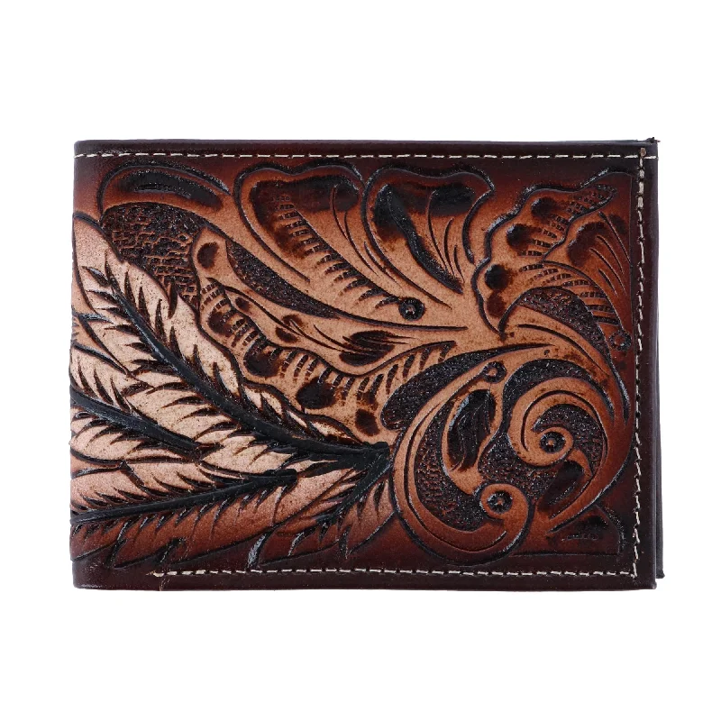 men wallets professional leather quality-Men's Feather Tooled Leather Bifold Wallet