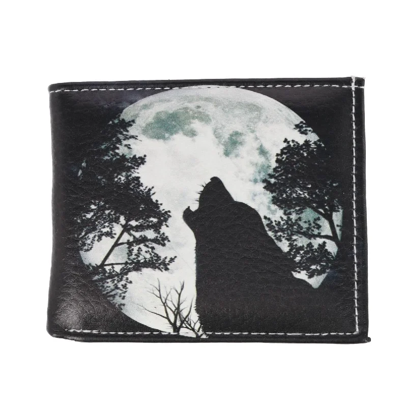 men wallets recycled leather style-Men's Wolf Howling at the Moon Bifold Wallet