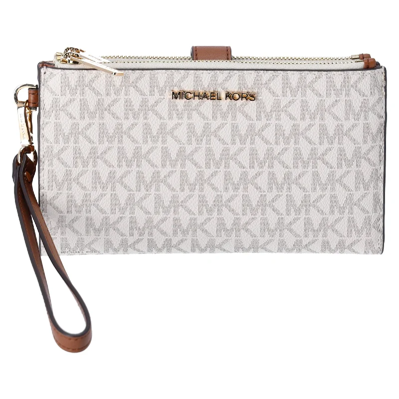 Backpack with more pockets-Michael Kors Jet Set Double Zip Wristlet Phone Wallet Vanilla MK