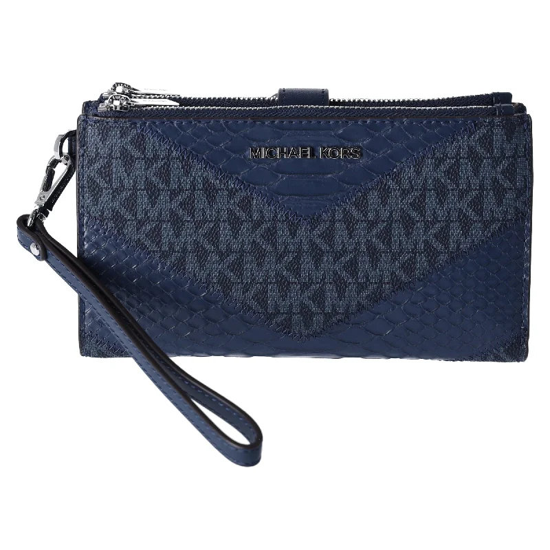 Backpack for flight travel-Michael Kors Jet Set Travel Large Double Zip Wallet MK Navy Blue Multi Python