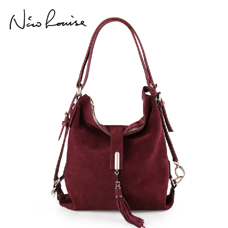 Wallets with secure hooks-Nico Louise Women Real Suede Leather Shoulder Bag Female Leisure Nubuck Convertible Handbag Hobo Messenger Top-handle bags Purse