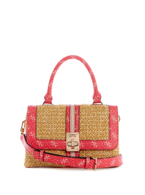 Handbag for picnics-Pink Multi Logo Kasinta Raffia Satchel Bag