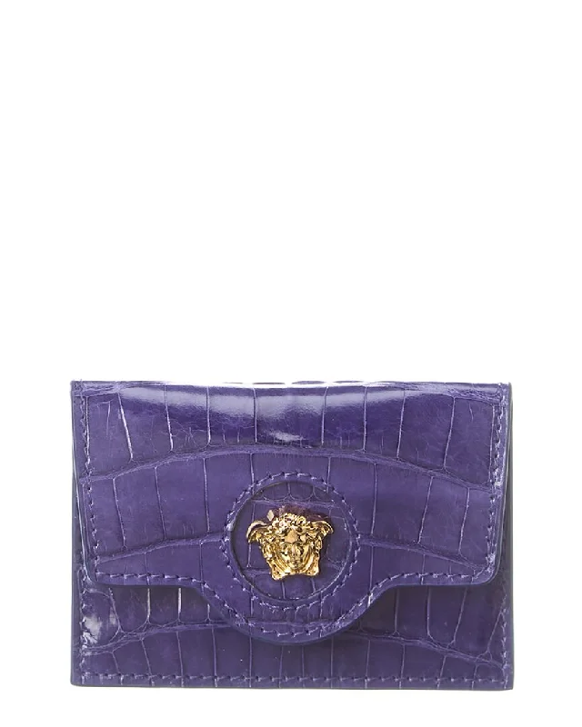 Keychains with leather designs-Versace La Medusa Croc-Embossed Leather Card Holder