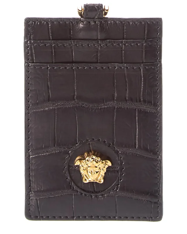 Keychains with geometric shapes-Versace La Medusa Croc-Embossed Leather Card Holder On Chain