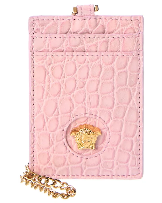 Wallets for heavy duty use-Versace La Medusa Croc-Embossed Leather Card Holder On Chain