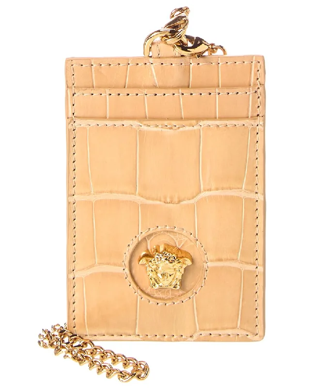 Wallets with bold hooks-Versace La Medusa Croc-Embossed Leather Card Holder On Chain