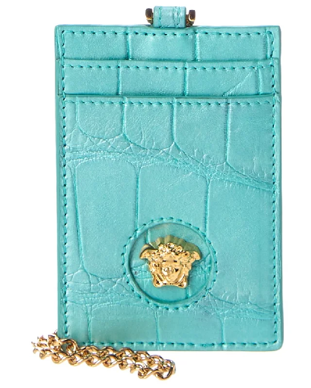 Wallets for everyday use-Versace La Medusa Croc-Embossed Leather Card Holder On Chain