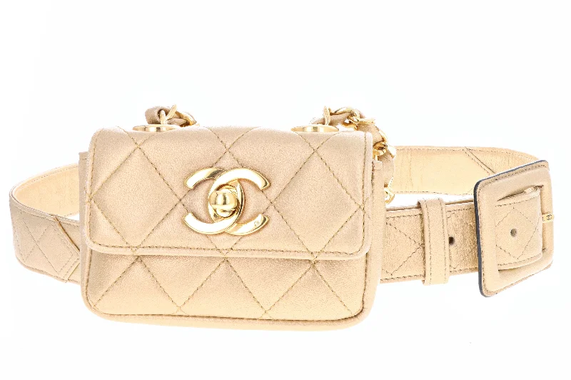 Handbag for dates-Rare Vintage Chanel Quilted Hanging Micro Belt Bag- Gold