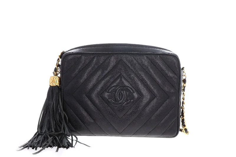 Handbag for events-Chanel Black Caviar Chevron Quilted Classic Camera Bag W/ Tassel