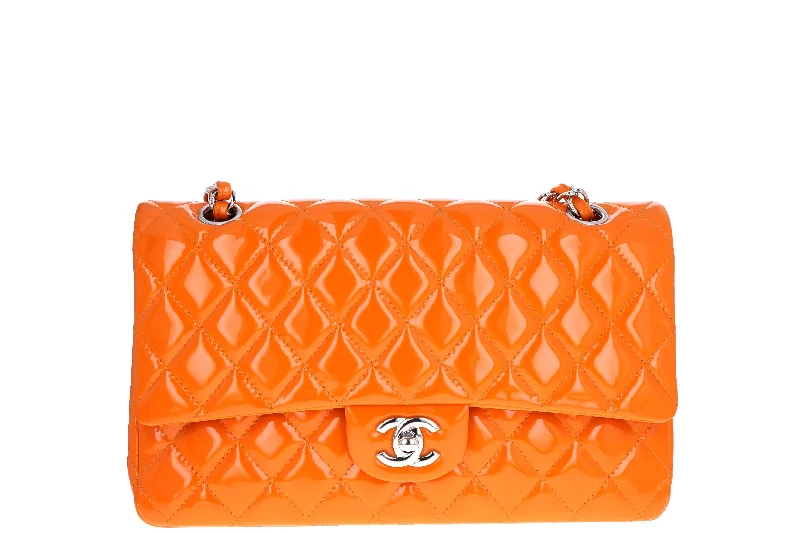 Handbag for engineers-Chanel Orange Quilted Patent Leather Classic Double Flap Medium