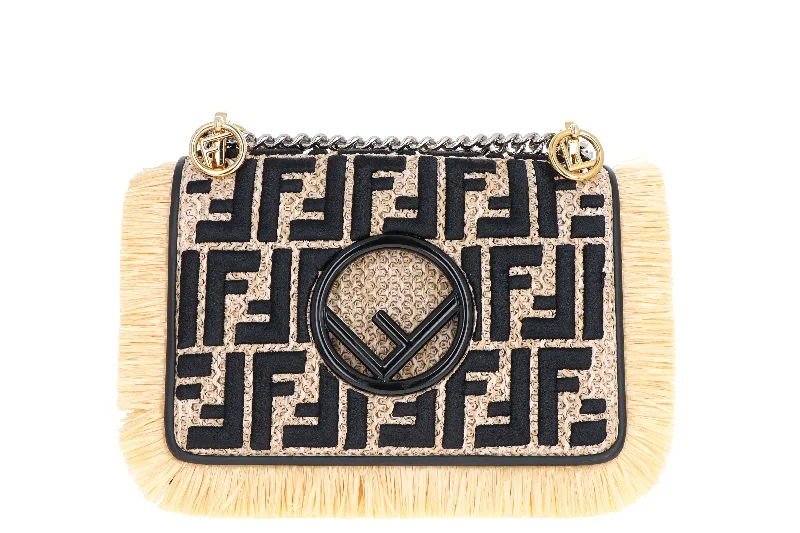 Handbag with zipper-Fendi Small Kan I Raffia FF Shoulder Bag