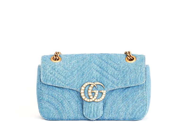 Handbag with chain-Gucci Limited Edition Blue Denim Pearl Marmont Shoulder Bag