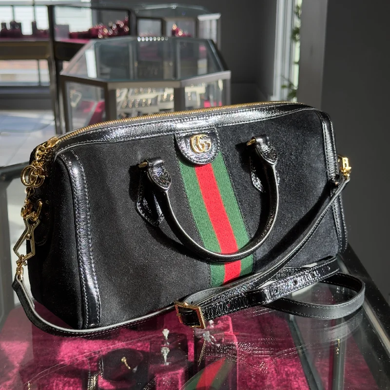 Handbag for events-Gucci Suede Patent GG Web Medium Ophidia Boston Bag