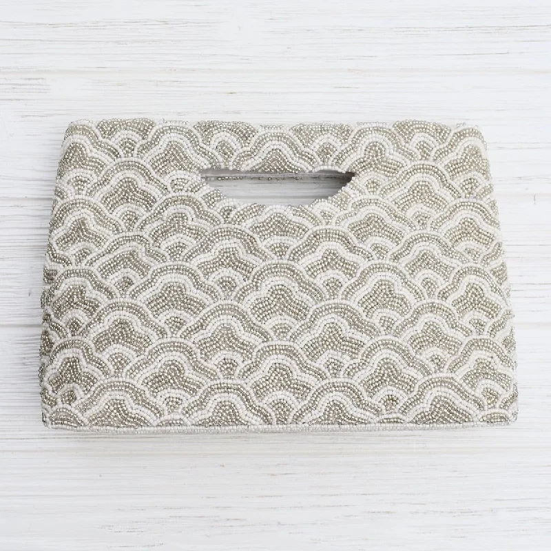 Leisure Bag for short trips-Cut Out Handle Clutch in Ivory and Silver Waves