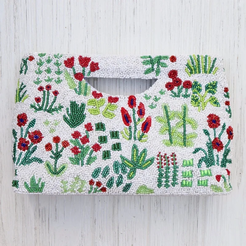 Leisure Bag with compact pockets-Cut Out Handle Clutch in White with Red Flowers