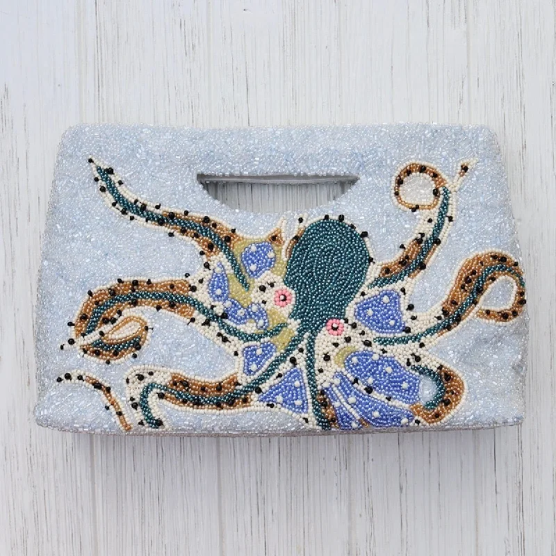 Leisure Bag with trendy handles-Cut Out Handle Clutch in Blue Octopus