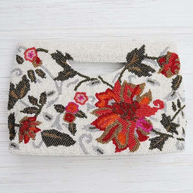 Leisure Bag with extra durability-Cut Out Handle Clutch in Ivory with Red Flowers