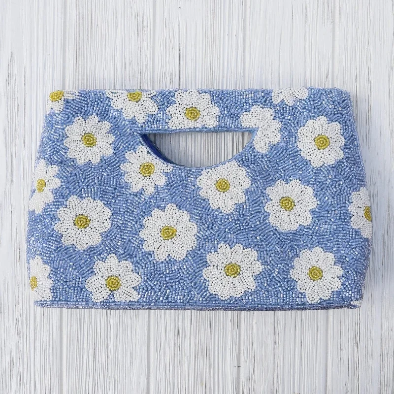 Leisure Bag for holiday trips-Cut Out Handle Clutch in Blue with White Daisies