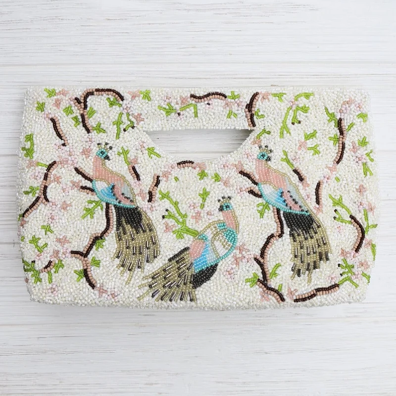 Leisure Bag for quick leisure-Cut Out Handle Clutch in Ivory with Peacocks