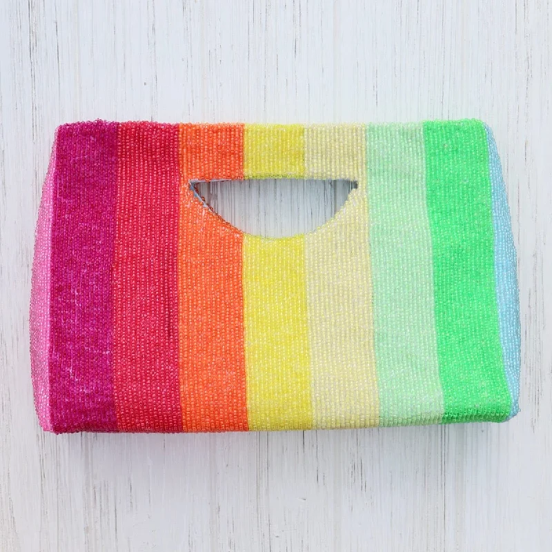 Leisure Bag with lightweight design-Cut Out Handle Clutch in Neon Rainbow Stripes