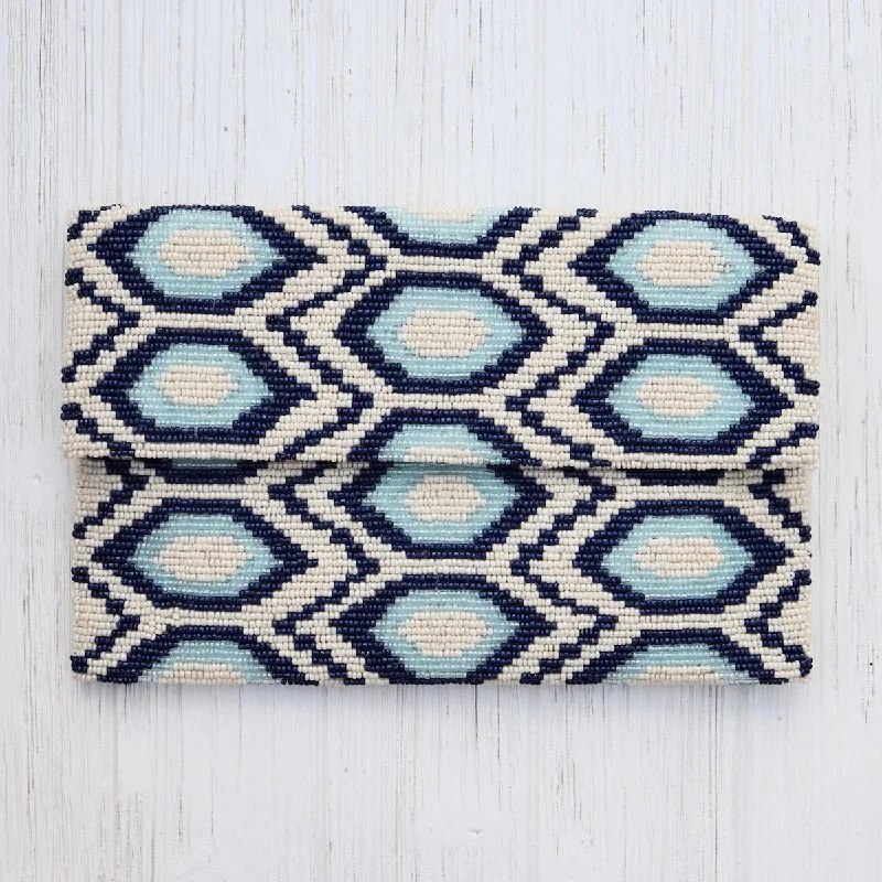 Leisure Bag with bold pockets-Half Flap Beaded Clutch in Ivory, Light, Navy Blue