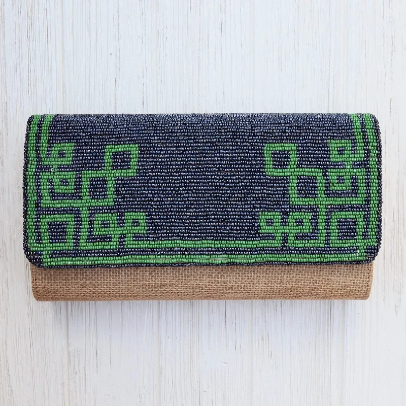 Leisure Bag with cool pockets-Half Flap Natural Clutch in Beaded Navy and Green