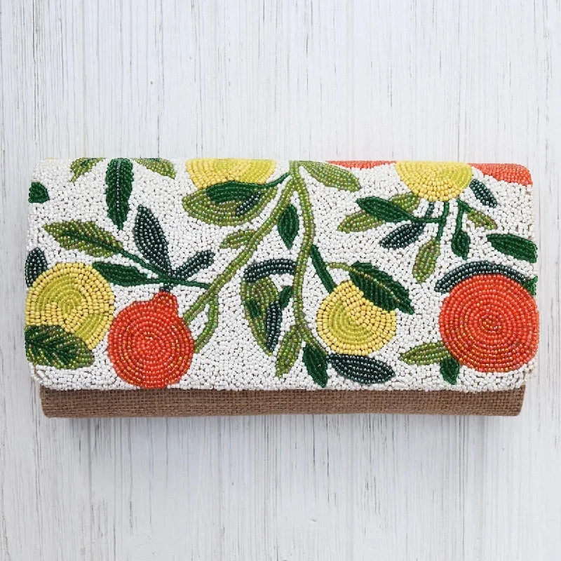 Leisure Bag for outdoor leisure-Half Flap Natural Clutch in Beaded Ivory with Oranges and Lemons