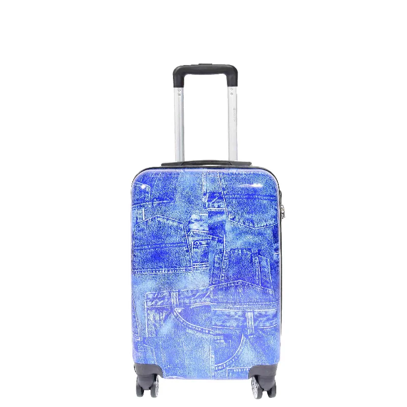 suitcase with modern wheels-4 Wheeled Cabin Hard Luggage Jeans Print DETROIT Blue