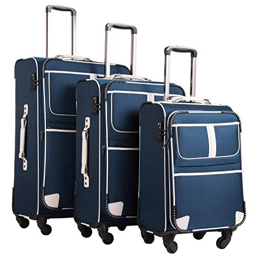 suitcase with travel support-Coolife Luggage 3 Piece Set - Softshell with TSA lock - Navy Blue