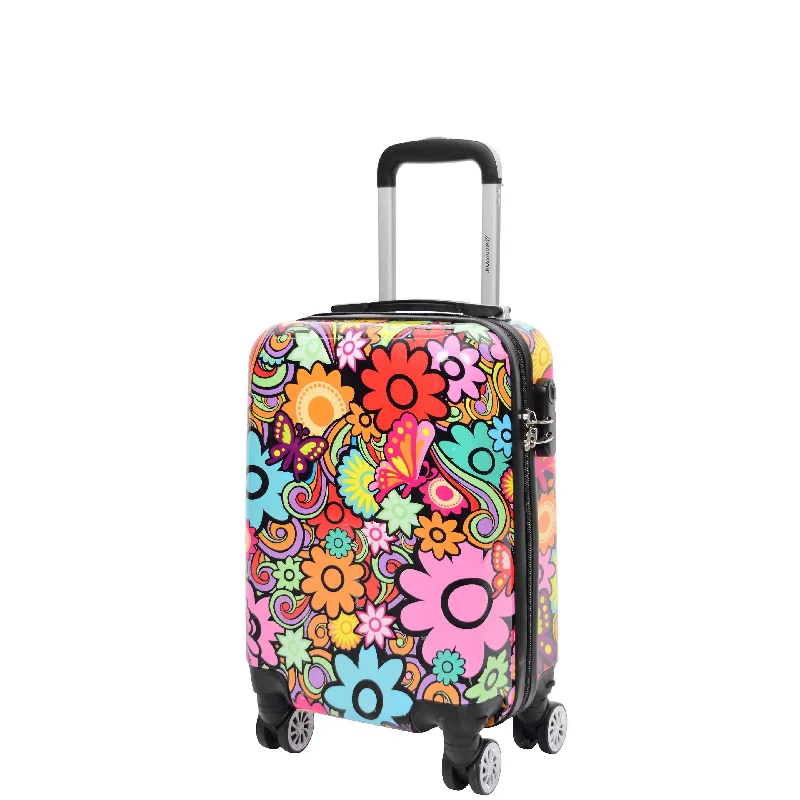 suitcase with travel support-Four Wheels Hard Shell Printed Luggage Flower Print Underseat Size