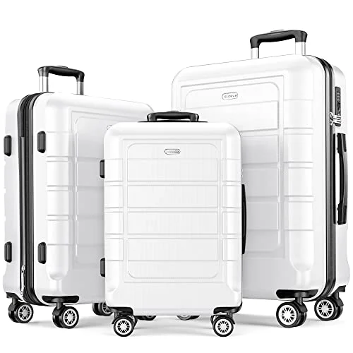 suitcase with stylish finish-SHOWKOO Luggage Set Expandable PC+ABS Durable Double Wheels TSA Lock White 3pcs