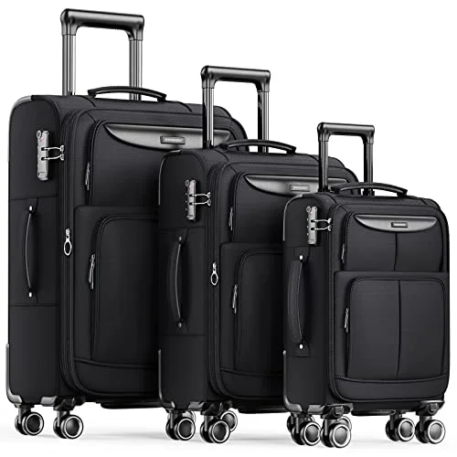 suitcase for honeymoon travel-SHOWKOO Luggage Sets 3 Piece Softside Expandable Lightweight-Black