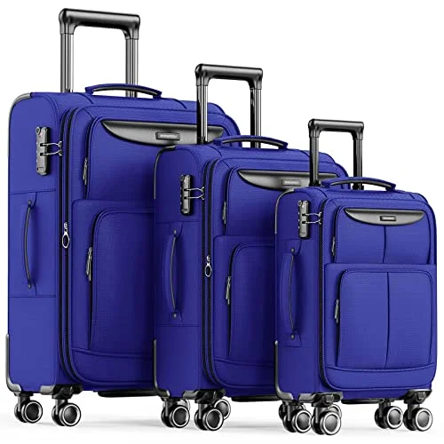 suitcase for checked tours-SHOWKOO Luggage Sets 3 Piece Softside Expandable Lightweight - Blue