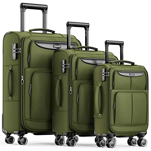 suitcase with stylish wheels-SHOWKOO Luggage Sets 3 Piece Softside Expandable Lightweight-Olive Green