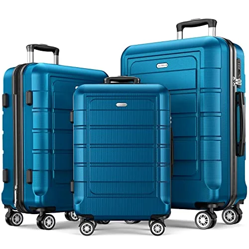 suitcase with travel solutions-SHOWKOO Luggage Sets Expandable PC+ABS Durable Suitcase 3 PC Set, Sea Blue