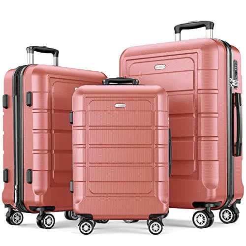 suitcase with foldable straps-SHOWKOO Luggage Sets Expandable PC+ABS Durable Suitcase Set, Rose Gold