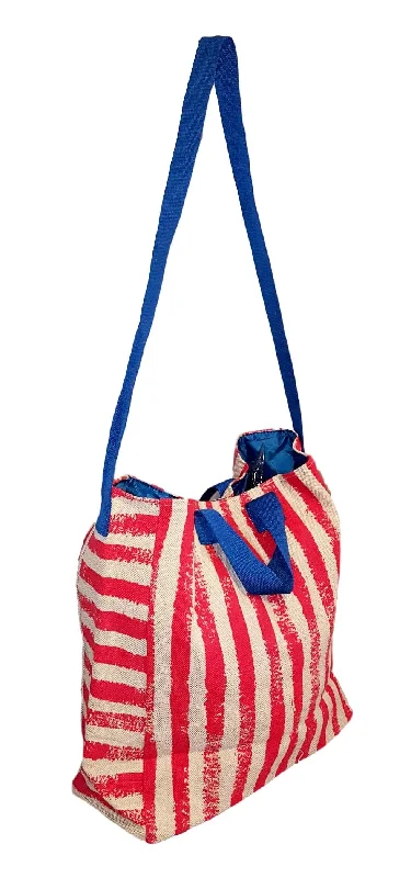 tote bag patterned canvas-101 BEACH - 2 IN 1 Cross-Over Large Tote Bag - Custom Embroidery (Red Stripe - Blue Trim)