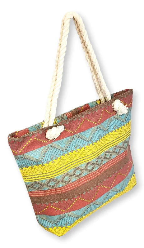 tote bag sturdy canvas-101 BEACH Medium Sized Summer Print Canvas Beach Tote Bag ... (Burgundy Teal Boho Stripe)